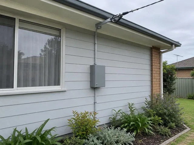 Overhead service cable and bracket on a weatherboard house exterior in Hamlyn Terrace