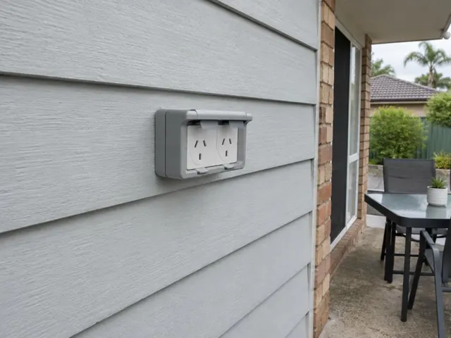 Outdoor double power point on grey weatherboard wall beside a patio in Charmhaven